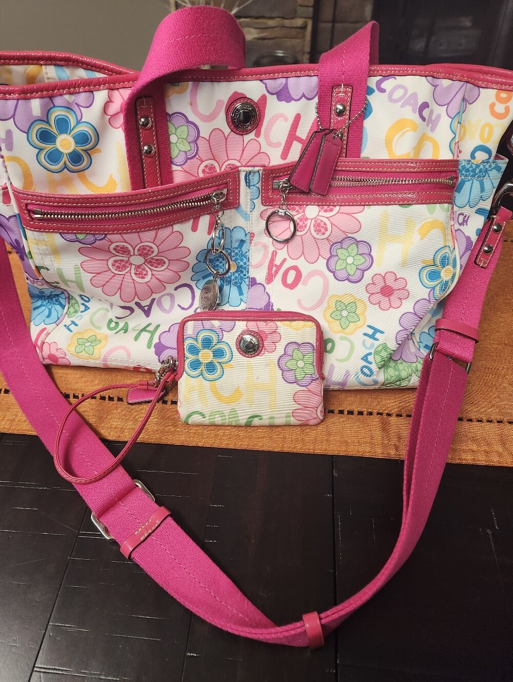 Coach Multicolor Floral Diaper Bag with Hot Pink Trim With Wristlet & Kaychain